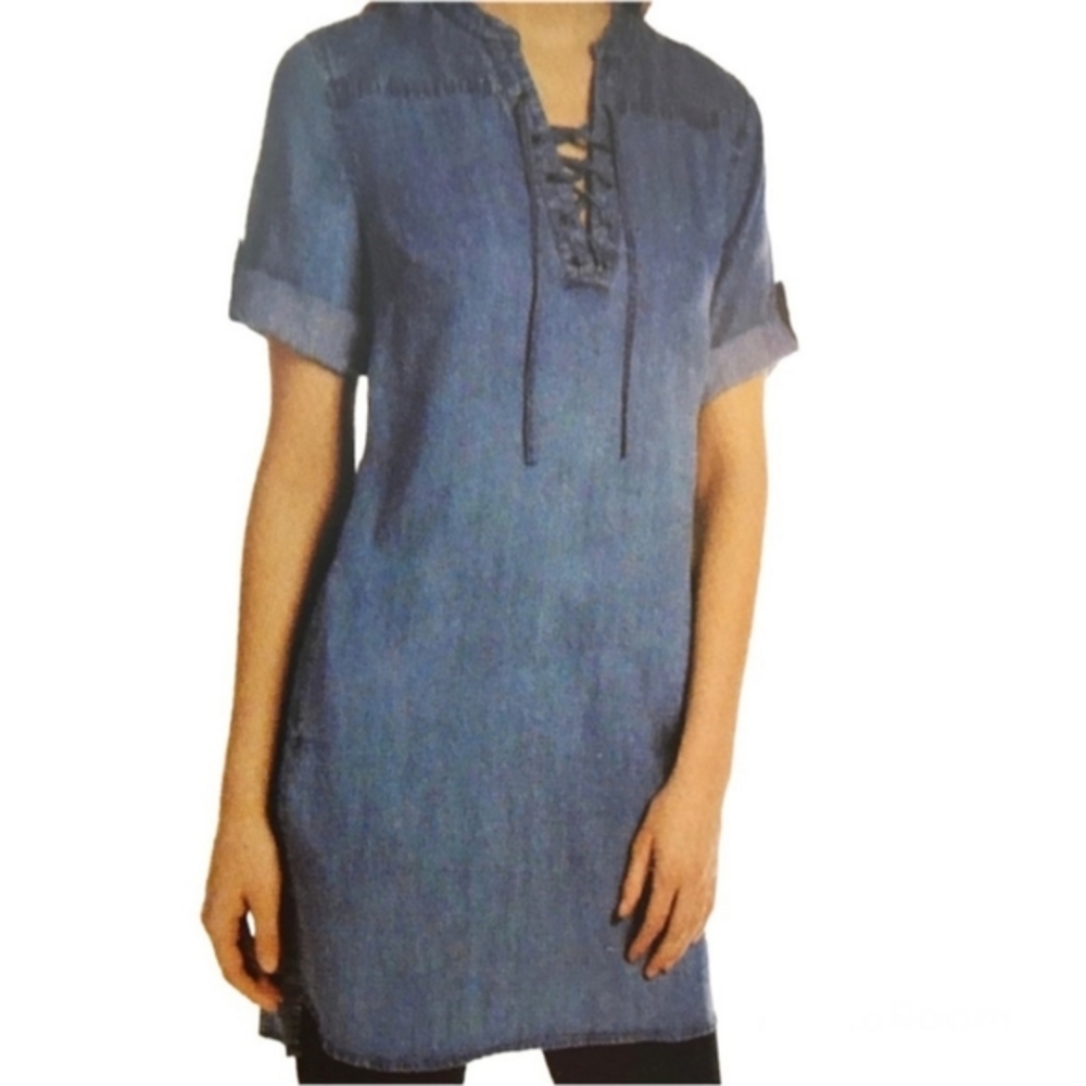 PHILOSOPHY Tencel Lyocell chambray denim dress tunic lace-up Size M Medium‎
